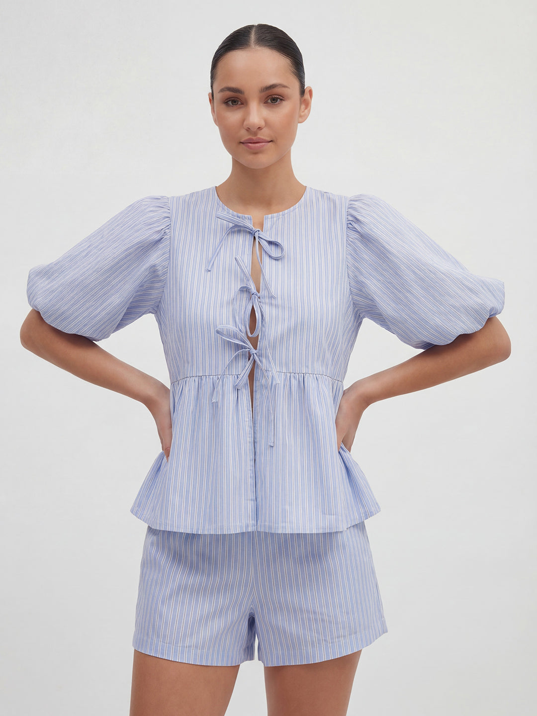 Cotton Puff Sleeve Tie Front Blouse