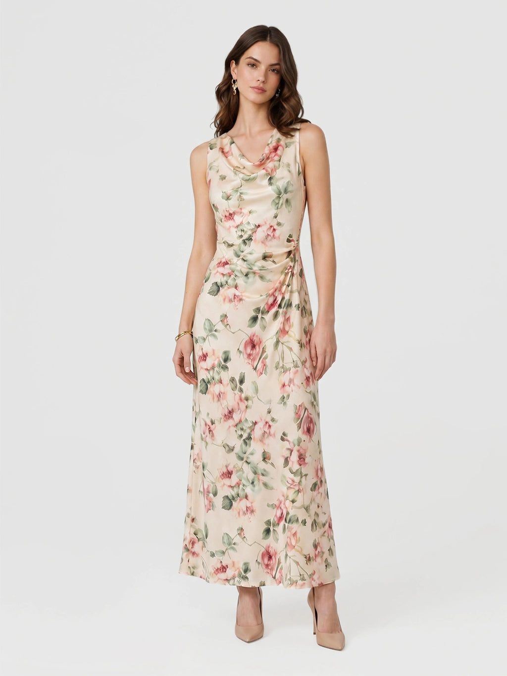 Cowl Neck Rose Print Maxi Dress