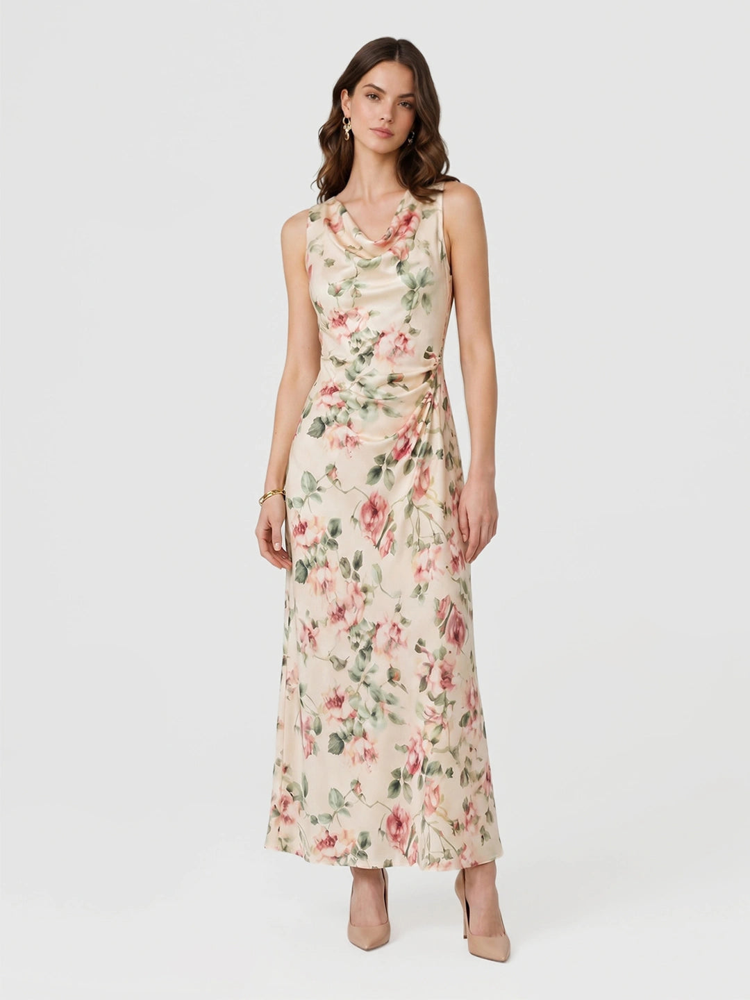 Cowl Neck Rose Print Maxi Dress