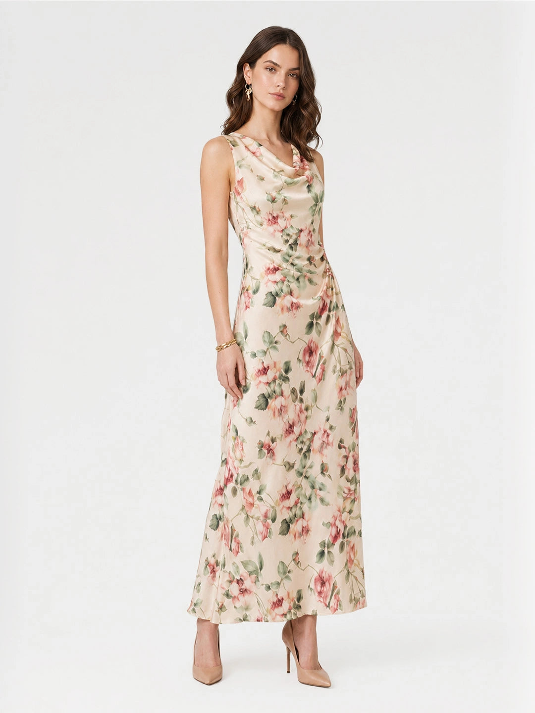 Cowl Neck Rose Print Maxi Dress
