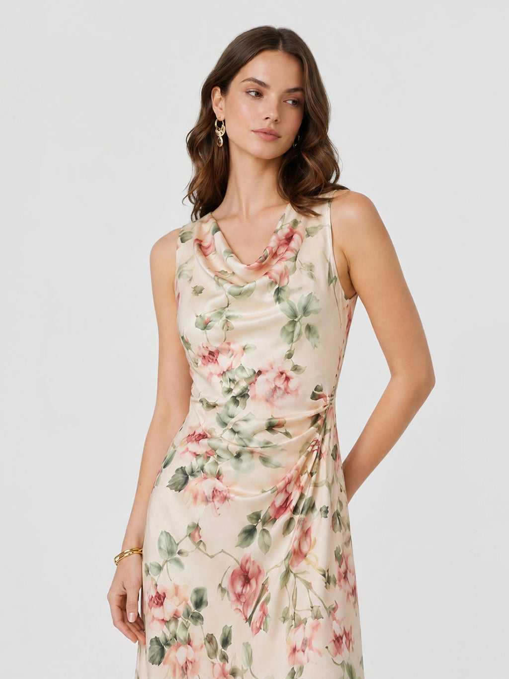 Cowl Neck Rose Print Maxi Dress