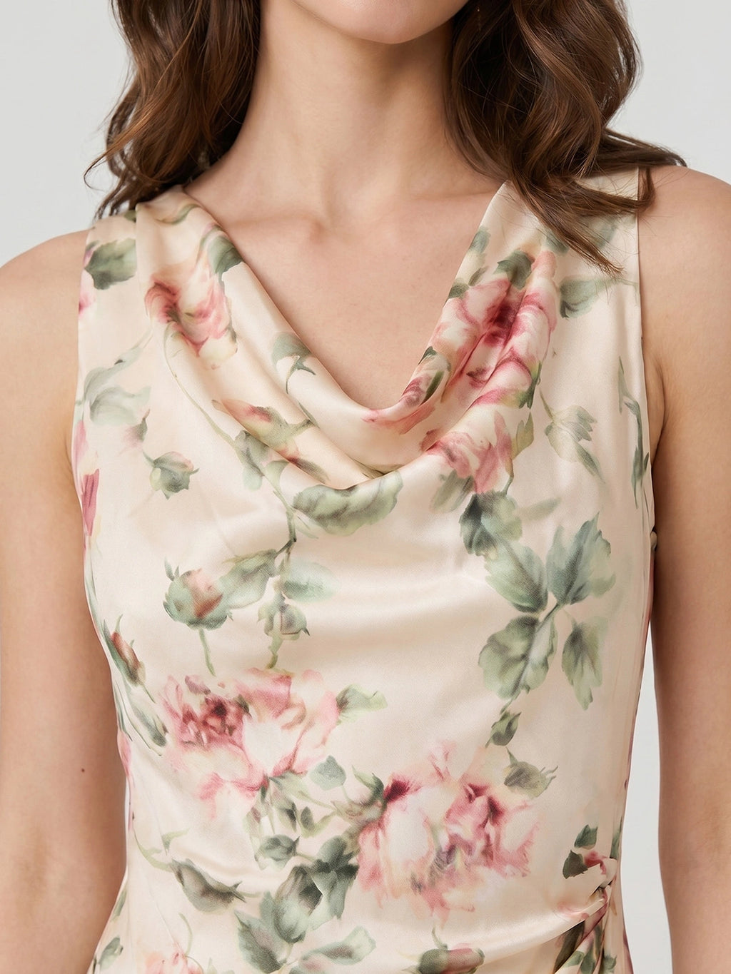Cowl Neck Rose Print Maxi Dress
