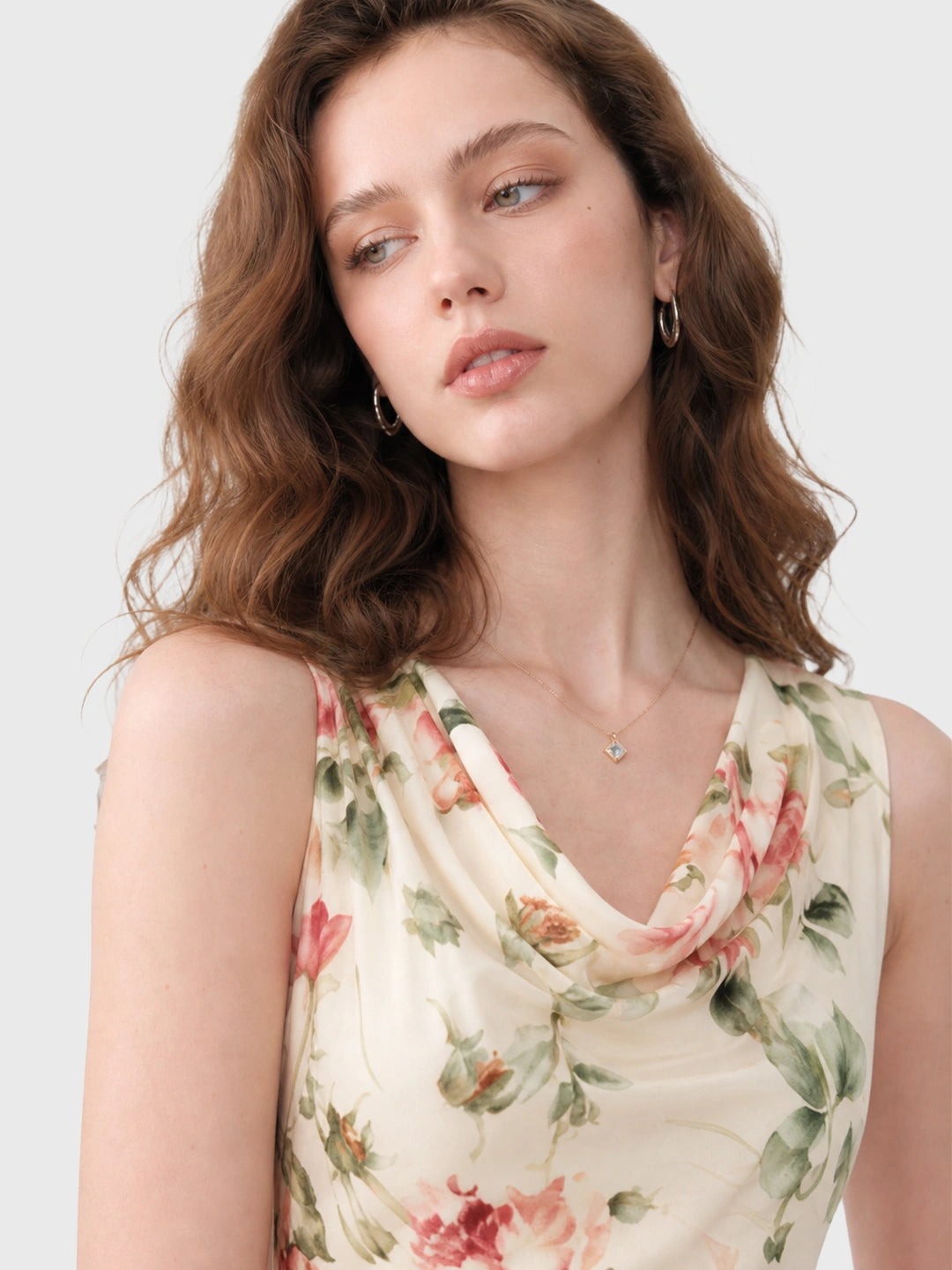 Cowl Neck Rose Print Maxi Dress