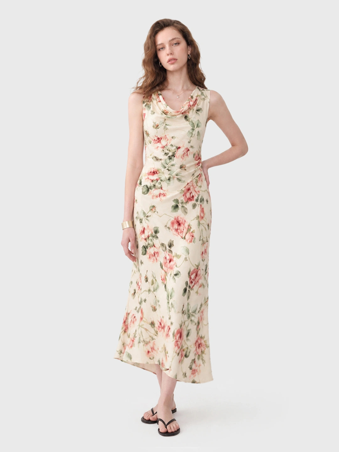 Cowl Neck Rose Print Maxi Dress