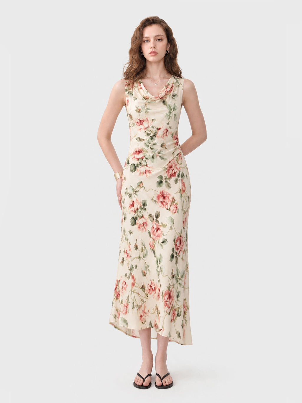 Cowl Neck Rose Print Maxi Dress