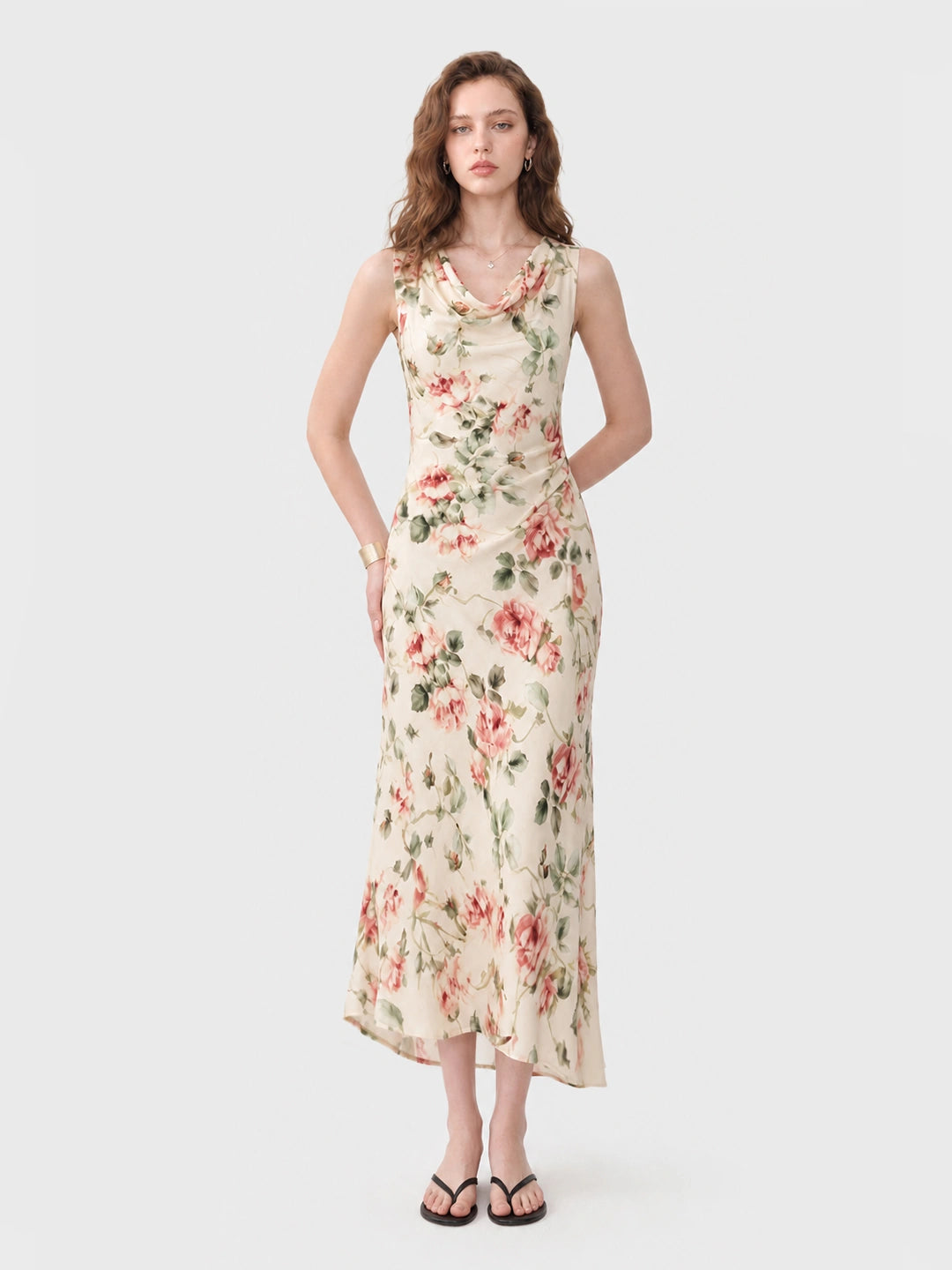 Cowl Neck Rose Print Maxi Dress