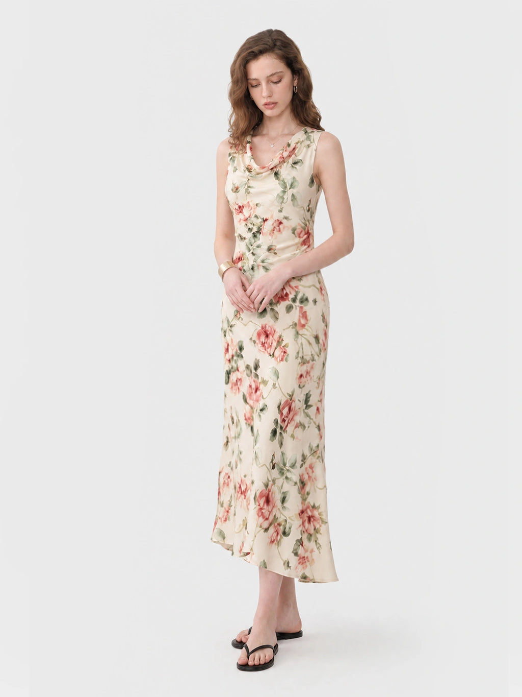 Cowl Neck Rose Print Maxi Dress