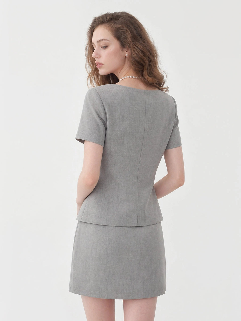 Crew Neck Button Skirt Set