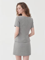 Crew Neck Button Skirt Set