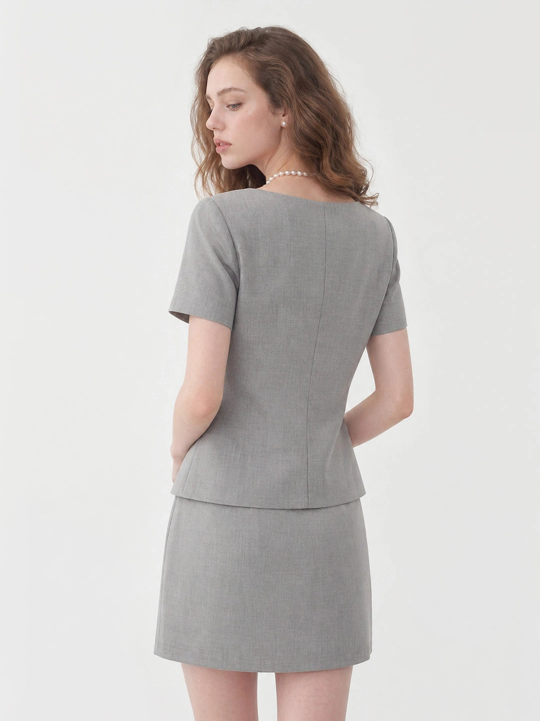 Crew Neck Button Skirt Set