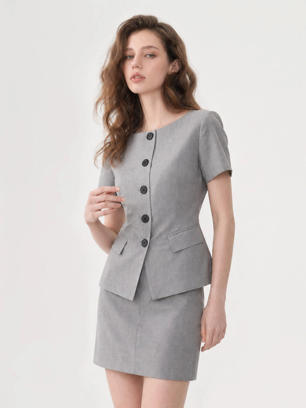 Crew Neck Button Skirt Set