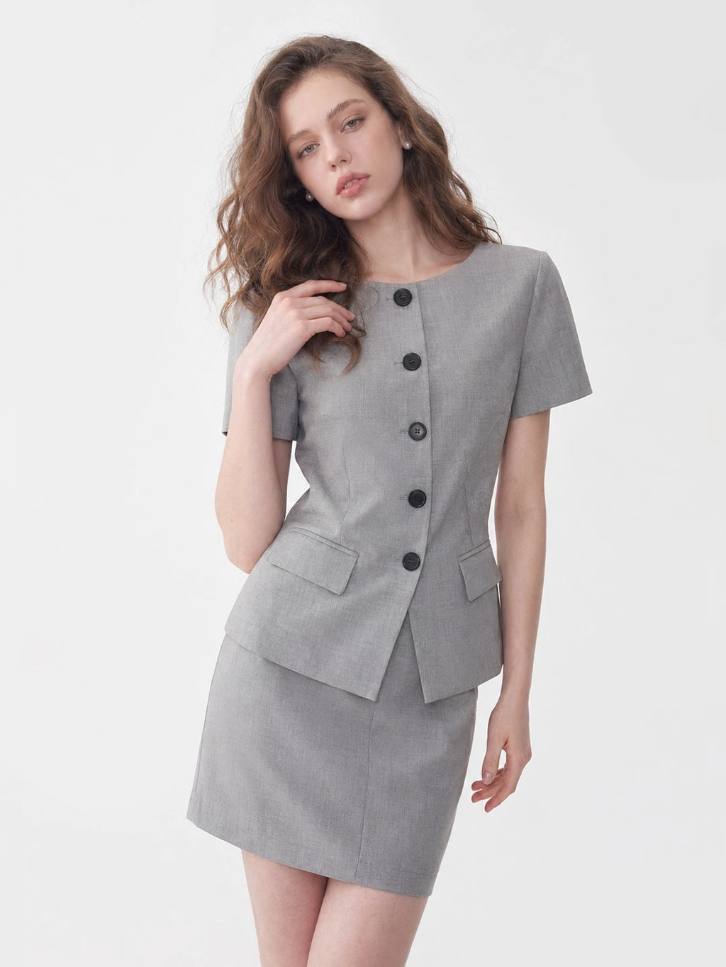 Crew Neck Button Skirt Set