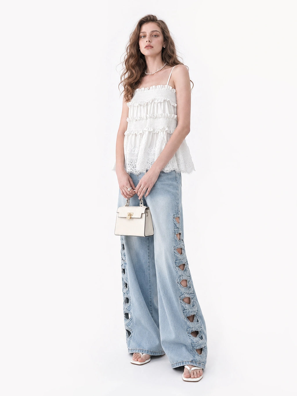 Cutout Embroidery Tencel Cotton Wide Leg Jeans