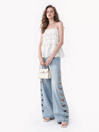 Cutout Embroidery Tencel Cotton Wide Leg Jeans