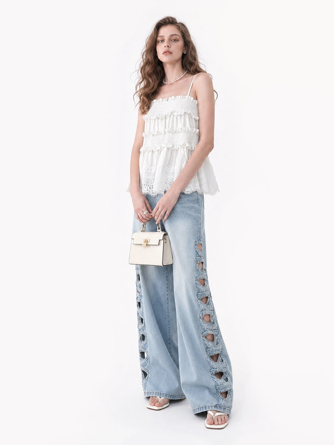 Cutout Embroidery Tencel Cotton Wide Leg Jeans