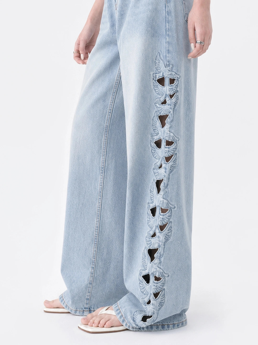 Cutout Embroidery Tencel Cotton Wide Leg Jeans