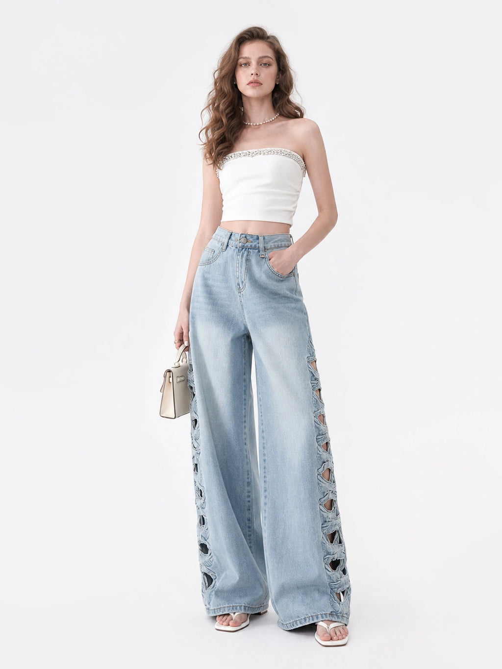 Cutout Embroidery Tencel Cotton Wide Leg Jeans