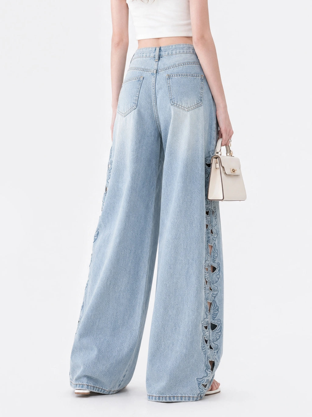 Cutout Embroidery Tencel Cotton Wide Leg Jeans