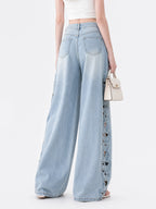 Cutout Embroidery Tencel Cotton Wide Leg Jeans
