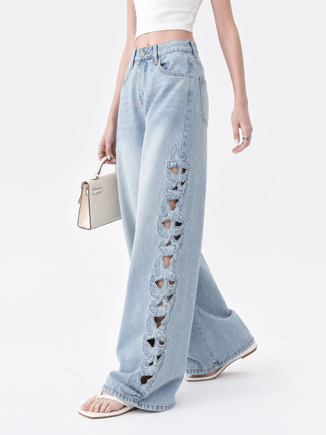 Cutout Embroidery Tencel Cotton Wide Leg Jeans