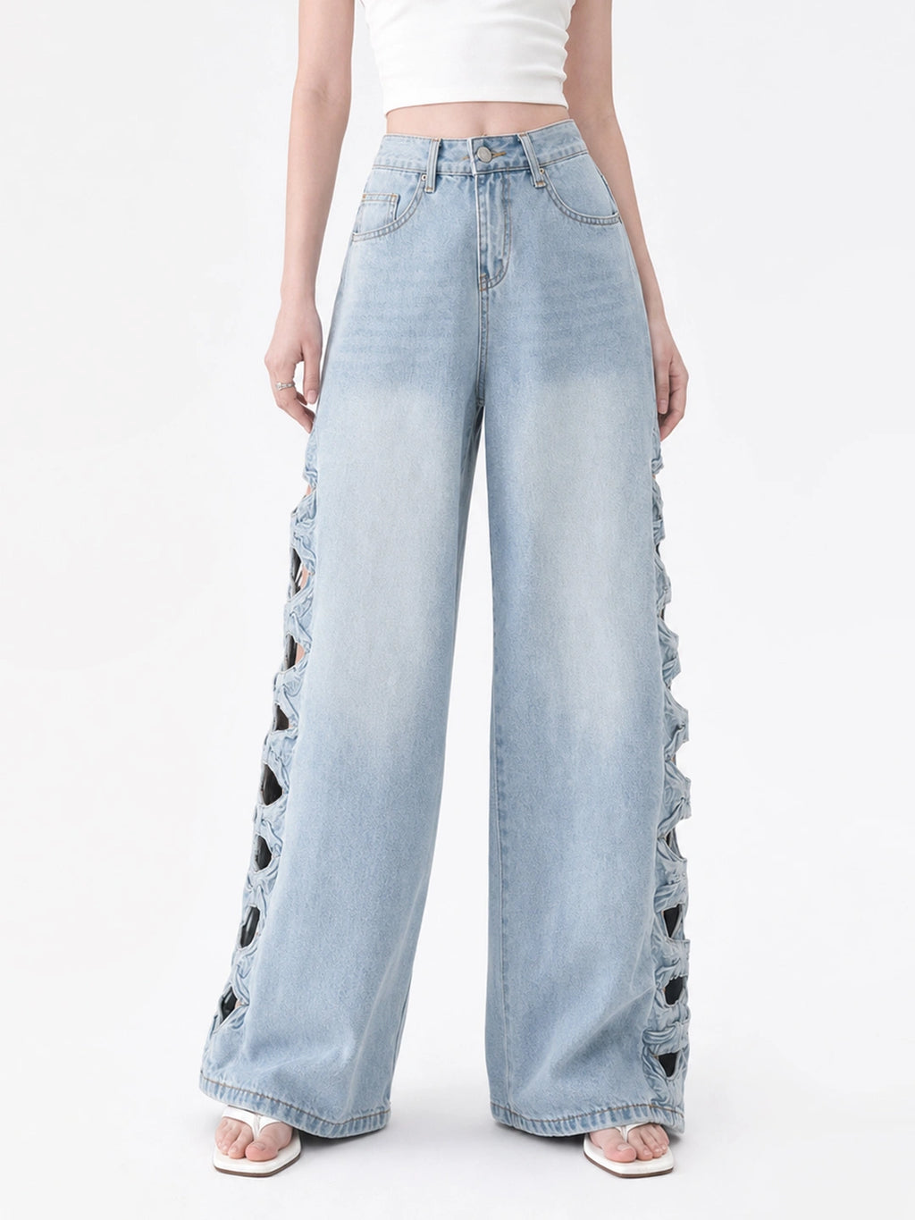 Cutout Embroidery Tencel Cotton Wide Leg Jeans