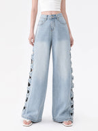 Cutout Embroidery Tencel Cotton Wide Leg Jeans