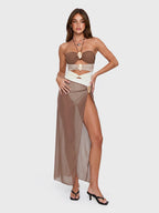 Cutout Halter Swimsuit with Sheer Cover Up Skirt