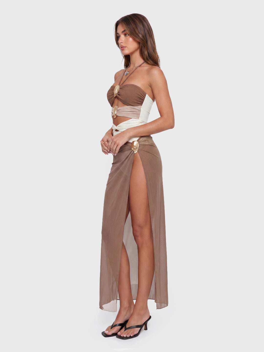 Cutout Halter Swimsuit with Sheer Cover Up Skirt
