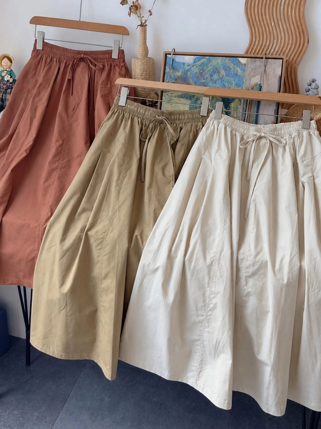 Drawstring Elastic Waist Cotton Midi Skirt