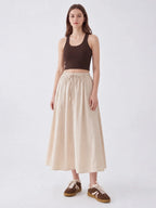 Drawstring Elastic Waist Cotton Midi Skirt