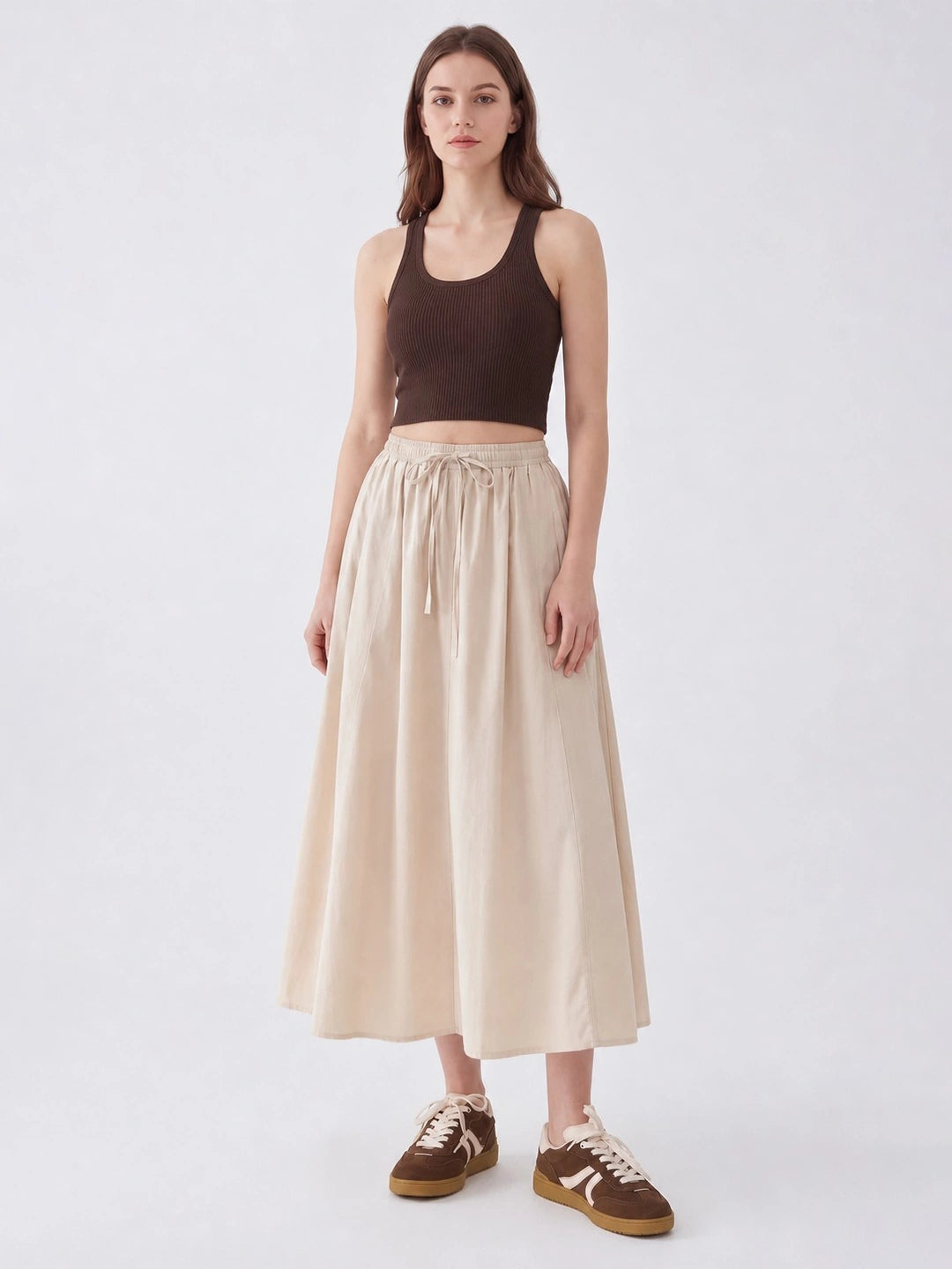 Drawstring Elastic Waist Cotton Midi Skirt