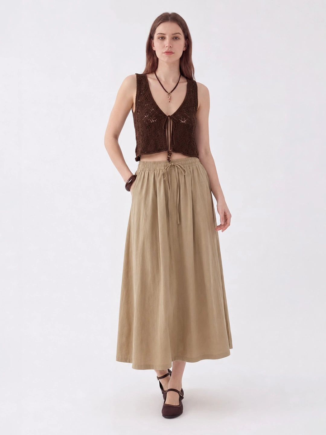 Drawstring Elastic Waist Cotton Midi Skirt Secondary image