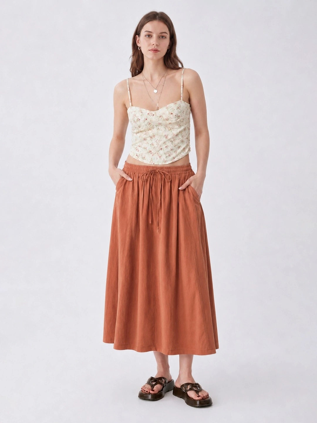Drawstring Elastic Waist Cotton Midi Skirt