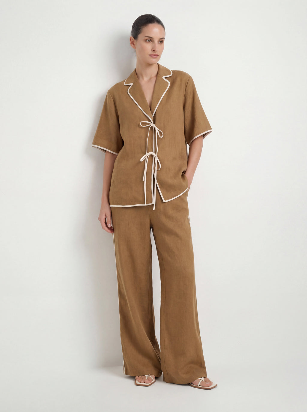 Effortless Linen Contrast Piping Co-ord Set