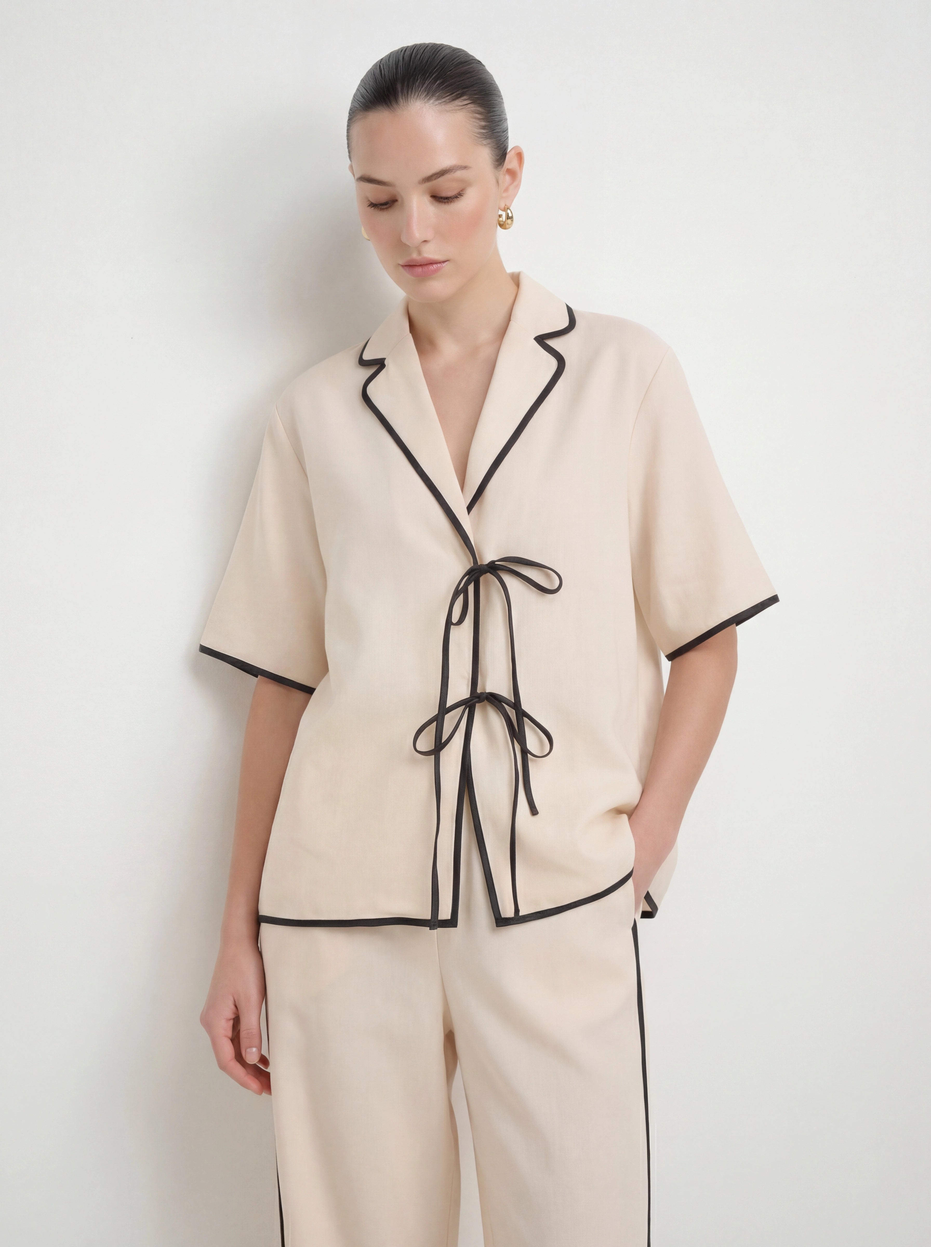 Effortless Linen Contrast Piping Co-ord Set