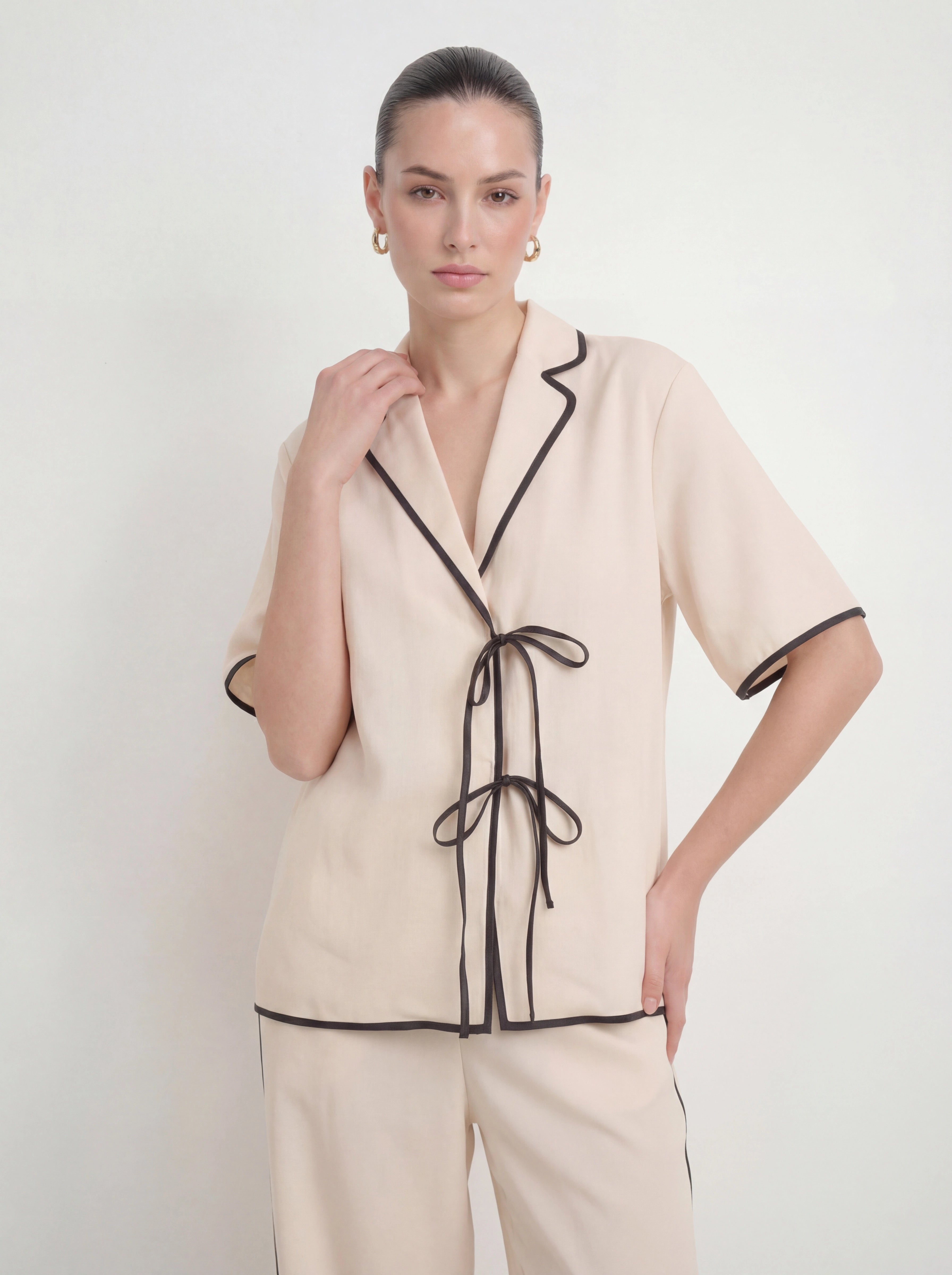 Effortless Linen Contrast Piping Co-ord Set