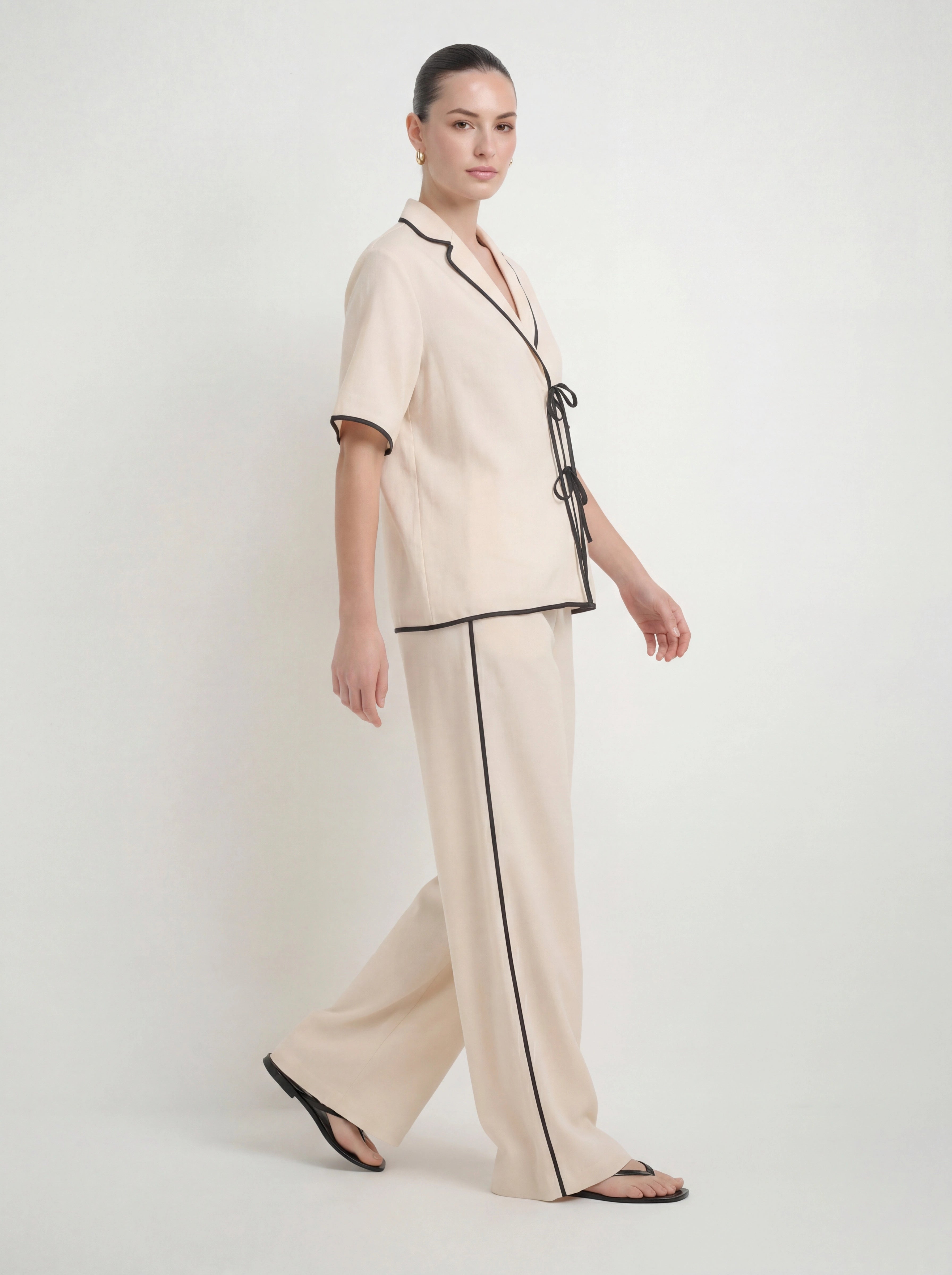 Effortless Linen Contrast Piping Co-ord Set