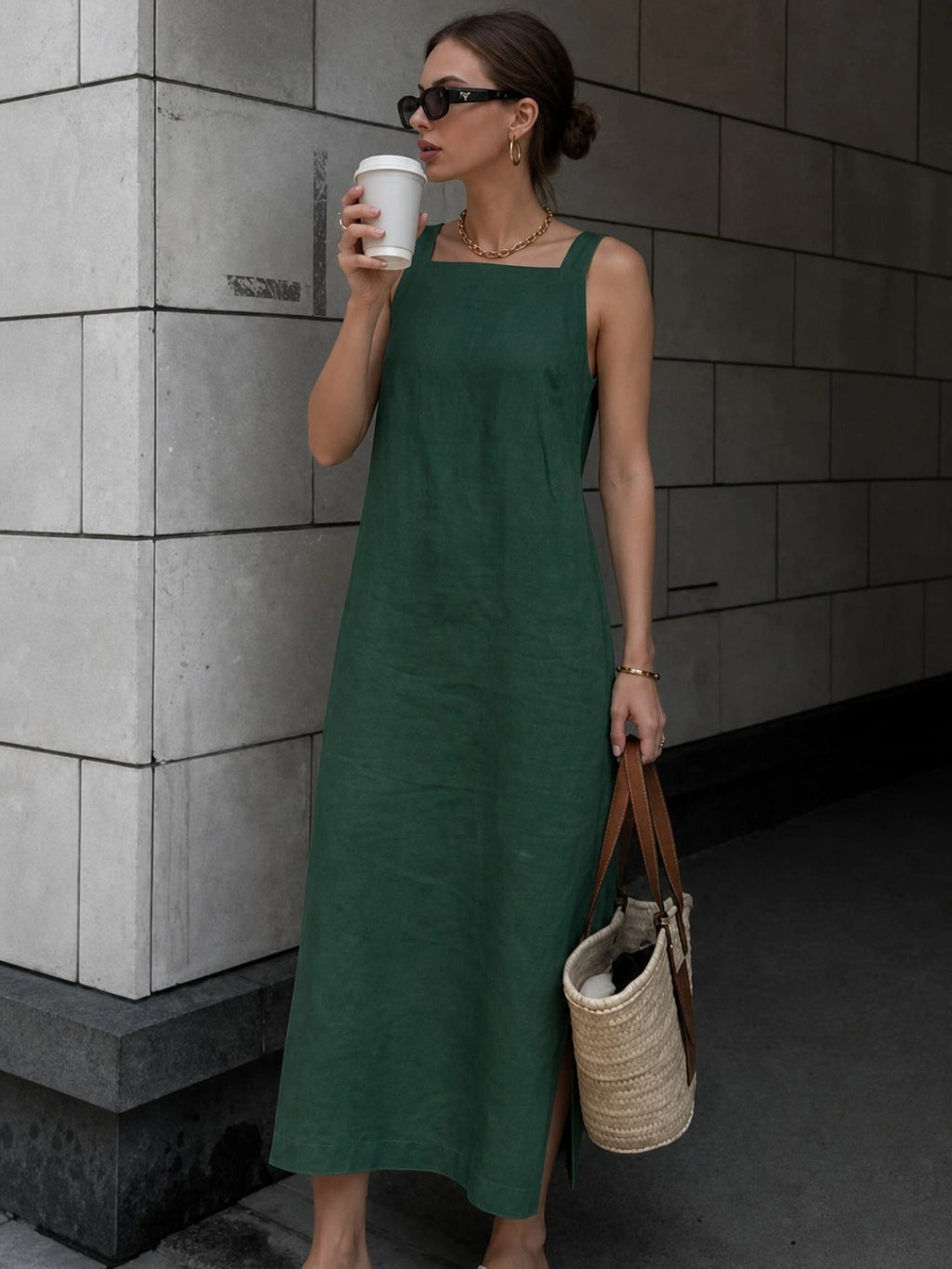 Effortless Linen Square Neck Midi Dress With Side Slit