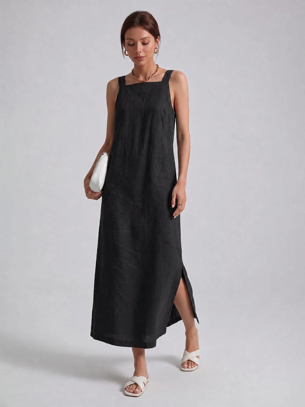 Effortless Linen Square Neck Midi Dress With Side Slit