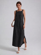 Effortless Linen Square Neck Midi Dress With Side Slit