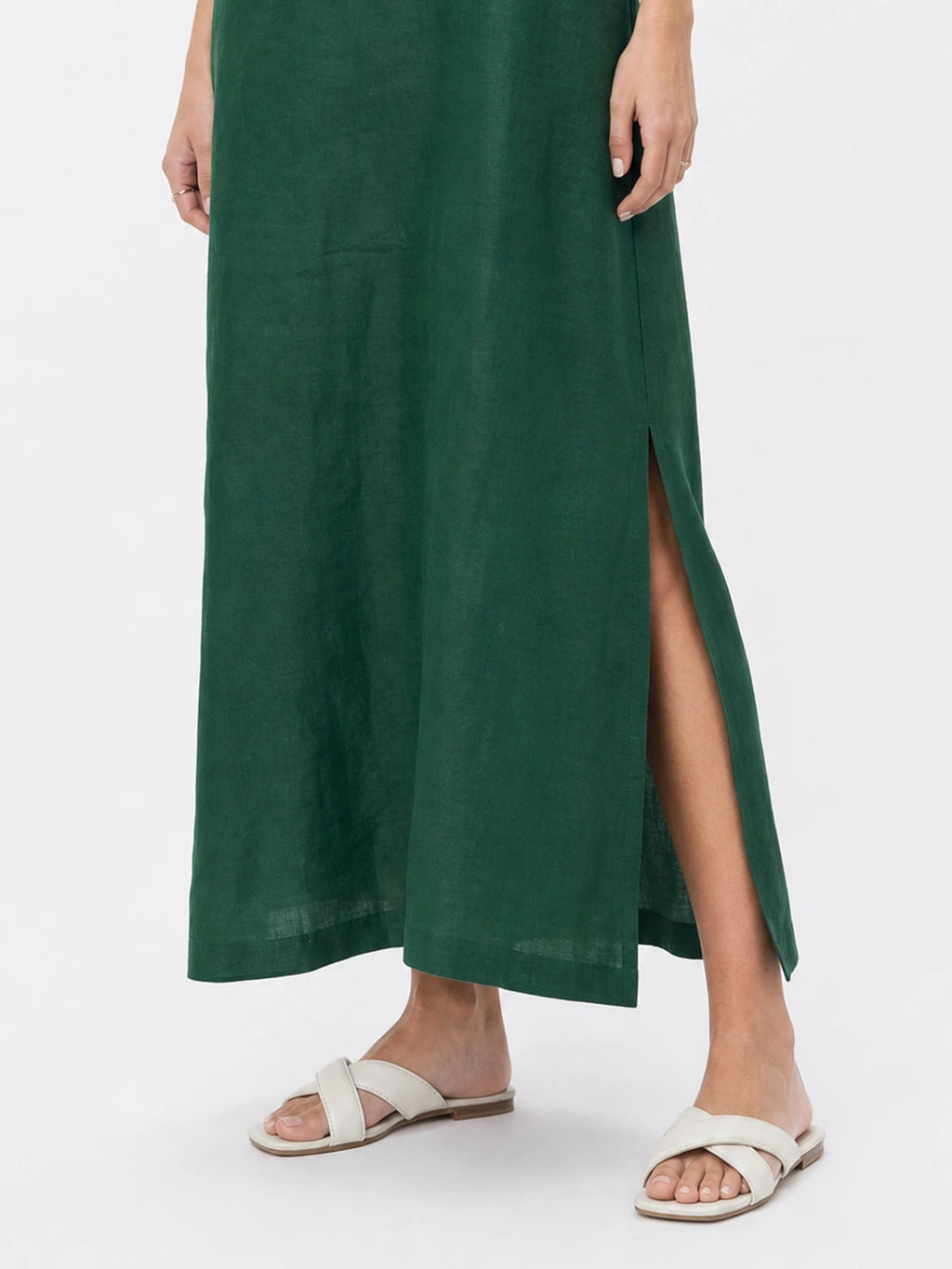Effortless Linen Square Neck Midi Dress With Side Slit