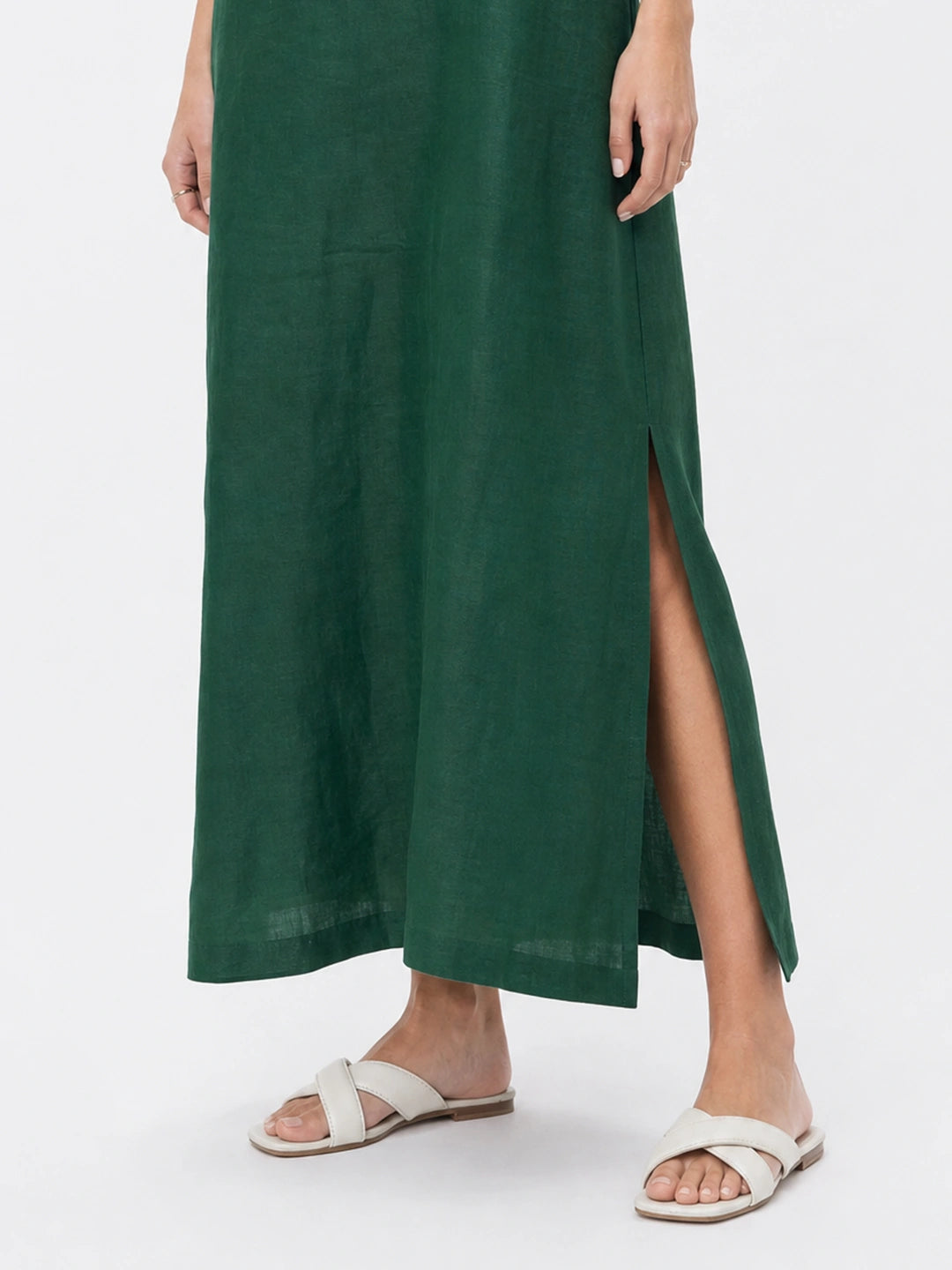 Effortless Linen Square Neck Midi Dress With Side Slit