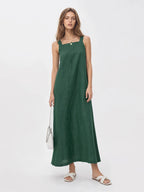 Effortless Linen Square Neck Midi Dress With Side Slit