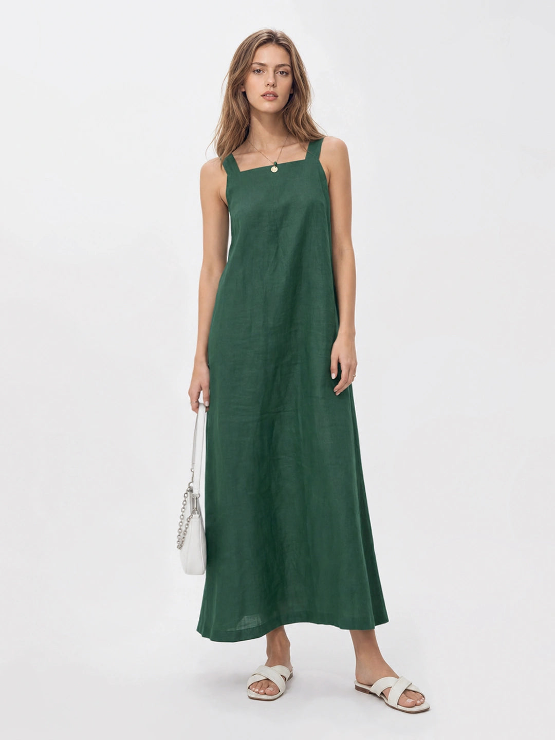 Effortless Linen Square Neck Midi Dress With Side Slit
