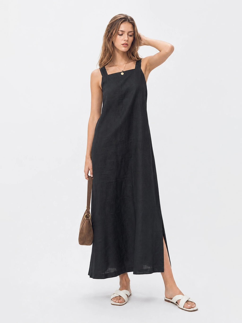 Effortless Linen Square Neck Midi Dress With Side Slit