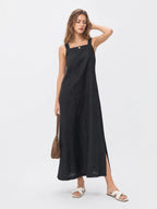 Effortless Linen Square Neck Midi Dress With Side Slit