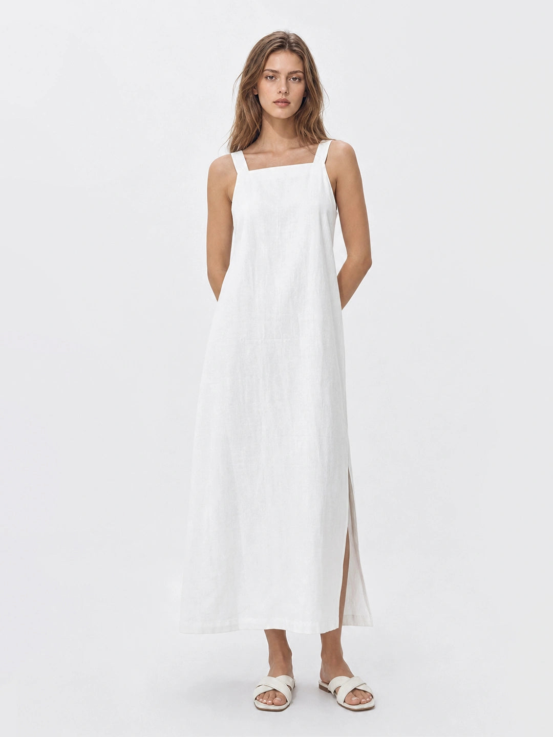 Effortless Linen Square Neck Midi Dress With Side Slit