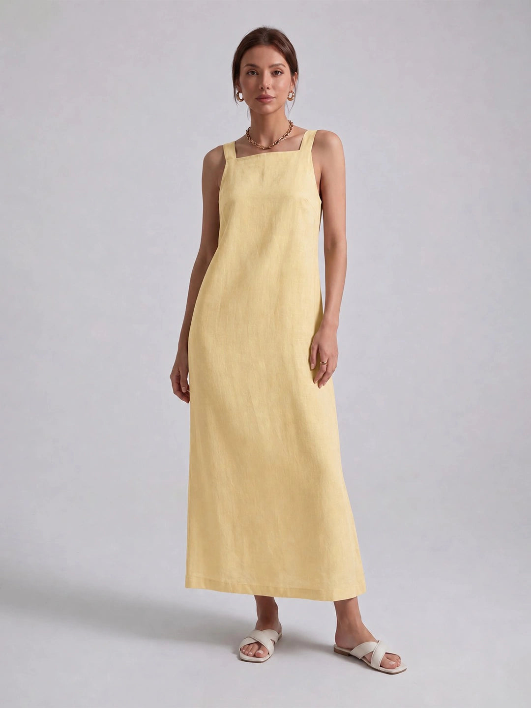 Effortless Linen Square Neck Midi Dress With Side Slit