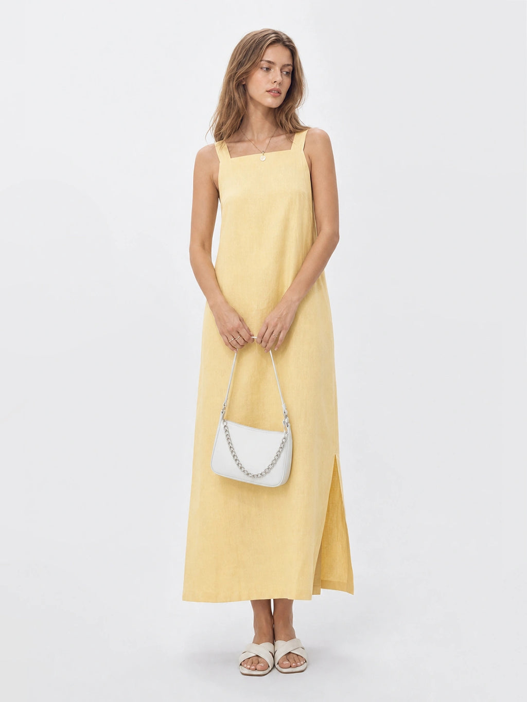 Effortless Linen Square Neck Midi Dress With Side Slit