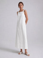 Effortless Linen Square Neck Midi Dress With Side Slit